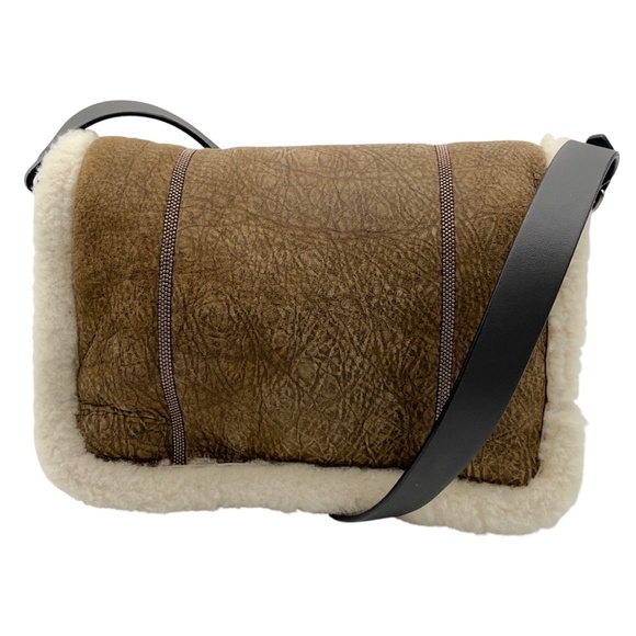 BRUNELLO CUCINELLI BROWN / CREAM MONILI BEAD EMBELLISHED LAMB SHEARLING HANDBAG - Picture 1 of 13